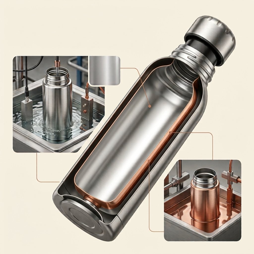 Cutaway diagram of a vacuum bottle showing electropolishing and copper plating manufacturing processes